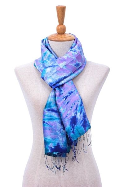 Alternate image for Hand Crafted Tie-Dyed Silk Scarf Candy Sea