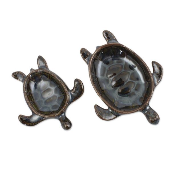 Alternate image for Handcrafted Ceramic Bowls from Thailand pair Indigo Thai Turtles