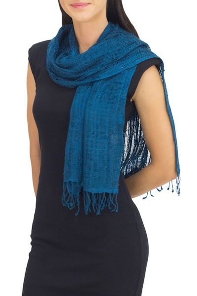 Alternate image for Teal Silk Scarf Crafted from Hand Spun Yarns in Thailand Summer Teal