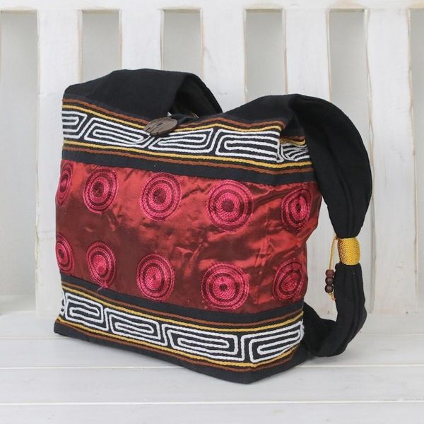Alternate image for Cotton Thai Style Shoulder Bag in Crimson and Black Crimson Wine