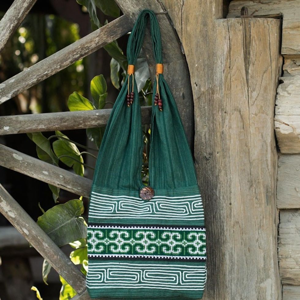 Green Embroidered Shoulder Bag from Thailand 'Lanna Forest'