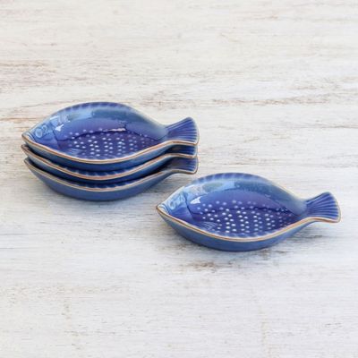 Alternate image for Fish-Shaped Blue Ceramic Appetizer Bowls Set of 4 Festive Fish