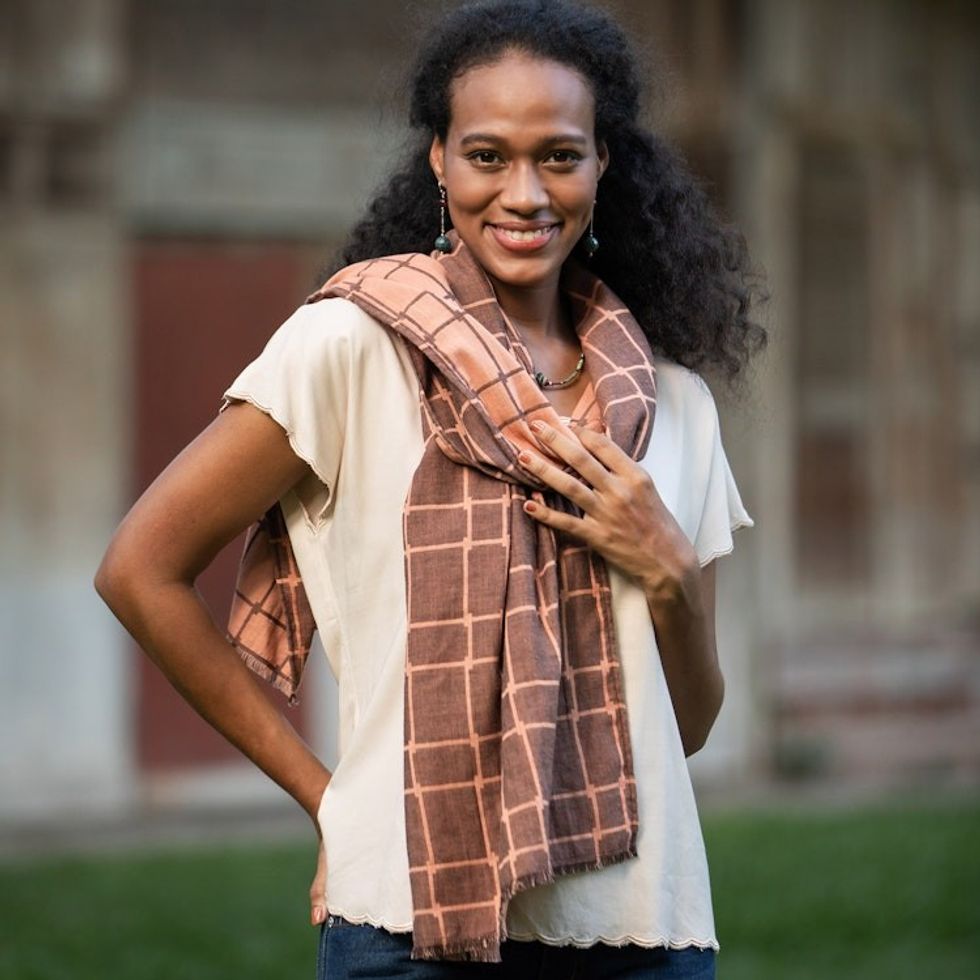 Hand Made Gridded Cotton Scarf 'Warm City'