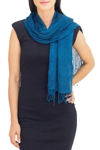 Alternate image for Teal Silk Scarf Crafted from Hand Spun Yarns in Thailand Summer Teal