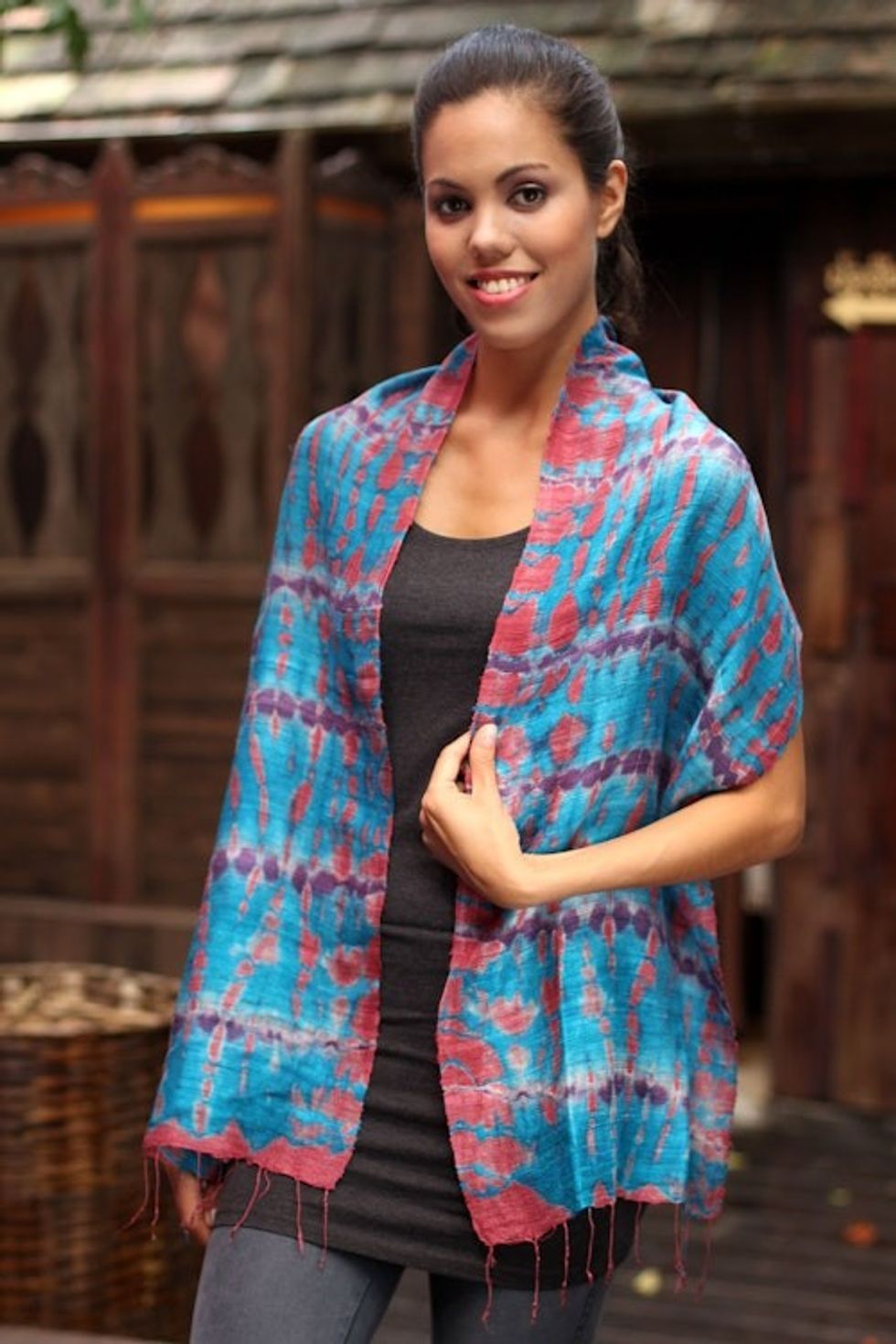 Silk Patterned Scarf from Thailand 'Azure Wilderness'