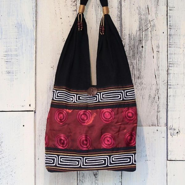 Alternate image for Cotton Thai Style Shoulder Bag in Crimson and Black Crimson Wine