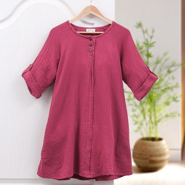 Alternate image for Long Cotton Gauze Tunic from Thailand Fresh Breeze in Raspberry