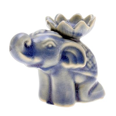 Alternate image for Blue Ceramic Elephant Incense Holder with Lotus Flower Wise Friend
