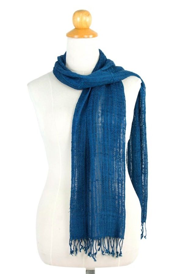 Alternate image for Teal Silk Scarf Crafted from Hand Spun Yarns in Thailand Summer Teal