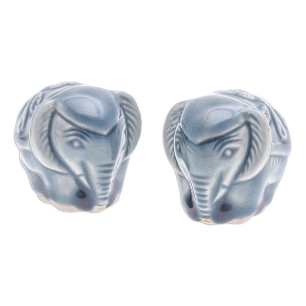 Alternate image for Pair of Celadon Ceramic Elephant Mini Figurines in Blue Thai Elephants