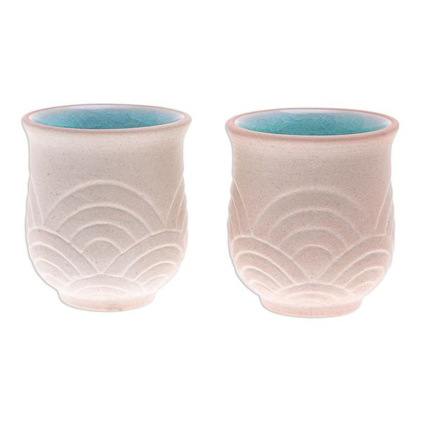 Alternate image for Hand Made Celadon Ceramic Cups from Thailand Pair Gentle Waves
