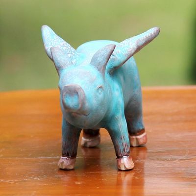 Alternate image for Ceramic Figurine of a Winged Blue Pig from Thailand Blue Flying Pig