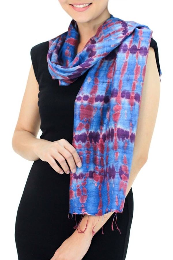 Alternate image for Silk Patterned Scarf from Thailand Azure Wilderness