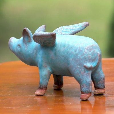 Alternate image for Ceramic Figurine of a Winged Blue Pig from Thailand Blue Flying Pig