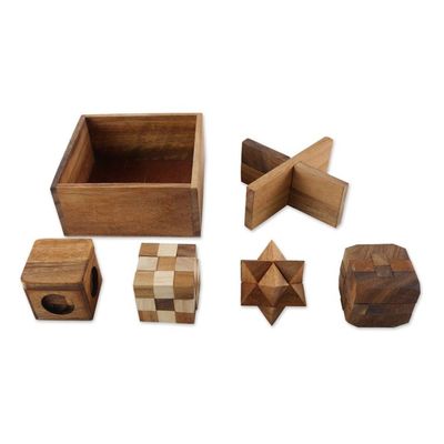 Alternate image for Handmade Set of Five Wooden Puzzles from Thailand Five Puzzles