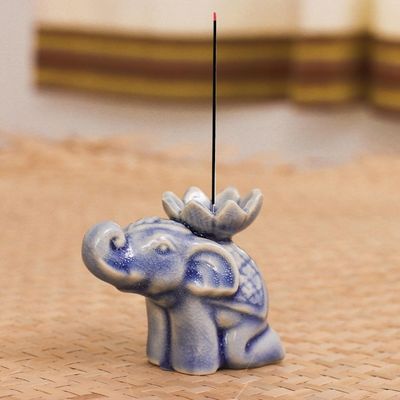 Alternate image for Blue Ceramic Elephant Incense Holder with Lotus Flower Wise Friend