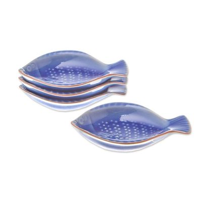 Alternate image for Fish-Shaped Blue Ceramic Appetizer Bowls Set of 4 Festive Fish