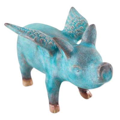 Alternate image for Ceramic Figurine of a Winged Blue Pig from Thailand Blue Flying Pig