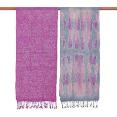 Alternate image for Hand-Woven Batik Silk Scarves in Purple and Grey Pair Stormy Sky