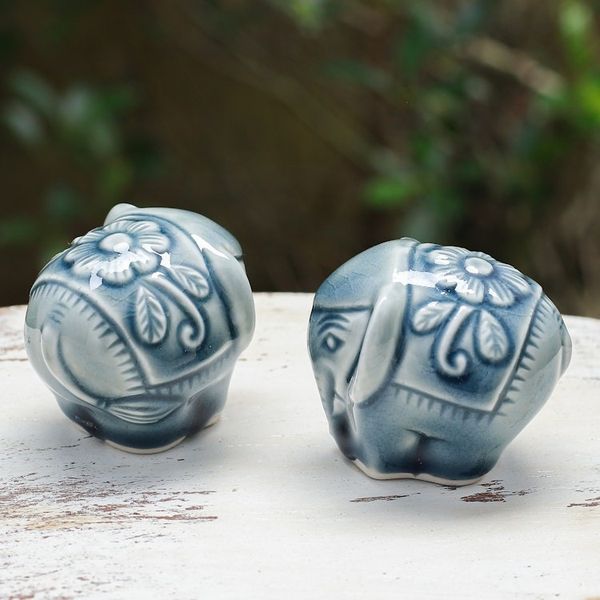 Alternate image for Pair of Celadon Ceramic Elephant Mini Figurines in Blue Thai Elephants