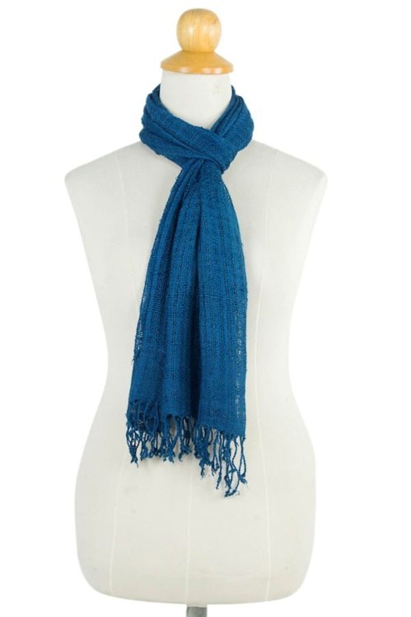 Alternate image for Teal Silk Scarf Crafted from Hand Spun Yarns in Thailand Summer Teal