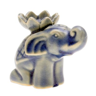 Alternate image for Blue Ceramic Elephant Incense Holder with Lotus Flower Wise Friend