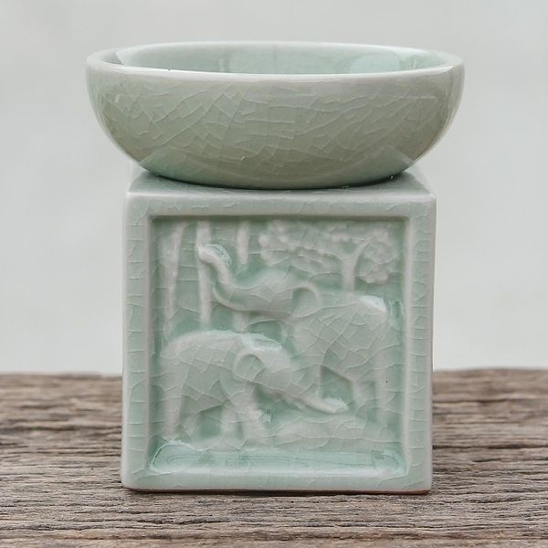 Alternate image for Elephant-Themed Celadon Ceramic Oil Warmer from Thailand Elephant Jungle