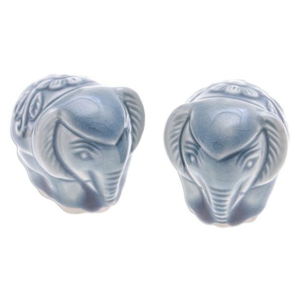 Alternate image for Pair of Celadon Ceramic Elephant Mini Figurines in Blue Thai Elephants