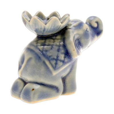 Alternate image for Blue Ceramic Elephant Incense Holder with Lotus Flower Wise Friend