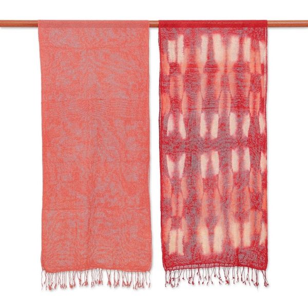 Alternate image for Hand-Woven Batik Silk Scarves in Crimson and Orange Pair Cozy Nook