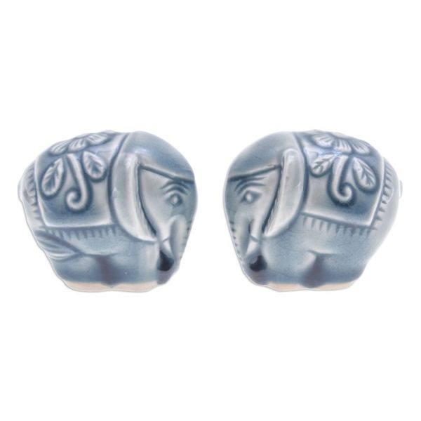 Alternate image for Pair of Celadon Ceramic Elephant Mini Figurines in Blue Thai Elephants
