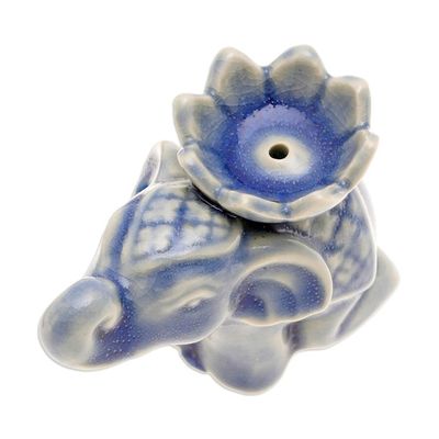 Alternate image for Blue Ceramic Elephant Incense Holder with Lotus Flower Wise Friend