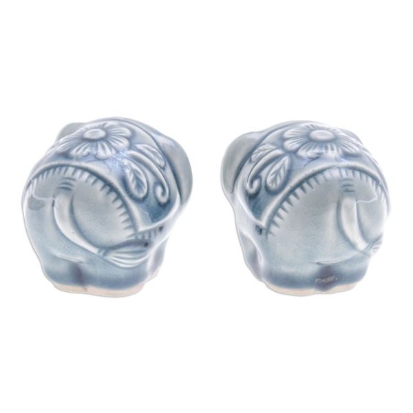 Alternate image for Pair of Celadon Ceramic Elephant Mini Figurines in Blue Thai Elephants