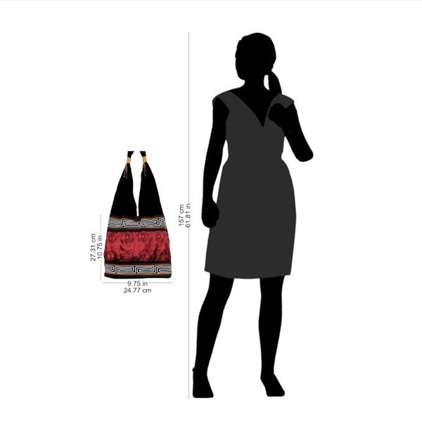 Alternate image for Cotton Thai Style Shoulder Bag in Crimson and Black Crimson Wine