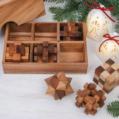 Alternate image for Handcrafted Set of Six Wooden Puzzles from Thailand Puzzle Set