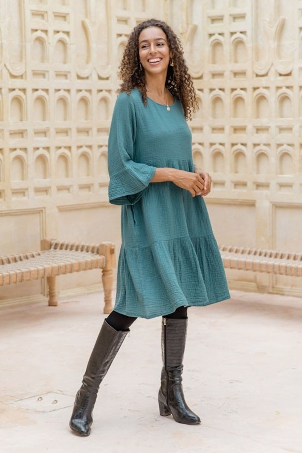 Double-Gauze Cotton Tunic Dress in a Teal Hue from Thailand 'Teal Trends'