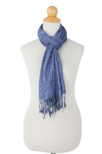 Alternate image for Medium Blue Woven All-Silk Scarf Handmade by Thai Artisan Essential Blue