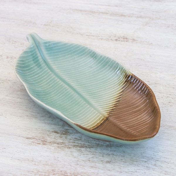 Alternate image for Leaf-Shaped Celadon Ceramic Platter from Thailand Nature Present