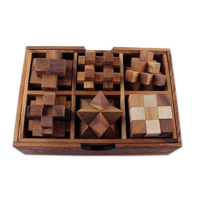 Alternate image for Handcrafted Set of Six Wooden Puzzles from Thailand Puzzle Set