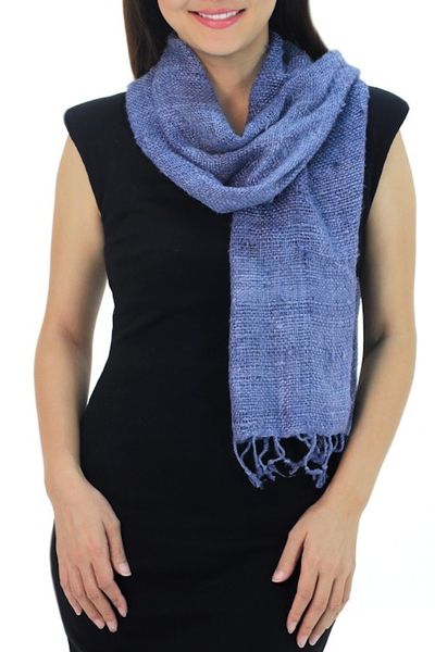Alternate image for Medium Blue Woven All-Silk Scarf Handmade by Thai Artisan Essential Blue