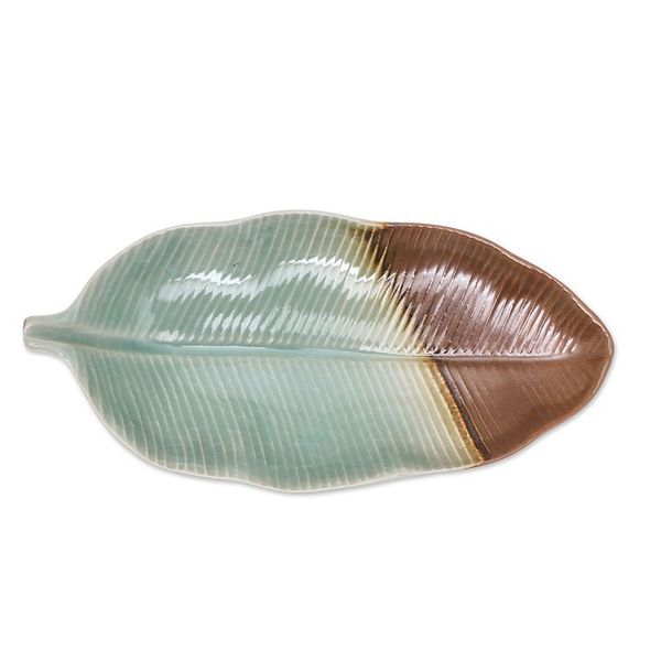 Alternate image for Leaf-Shaped Celadon Ceramic Platter from Thailand Nature Present