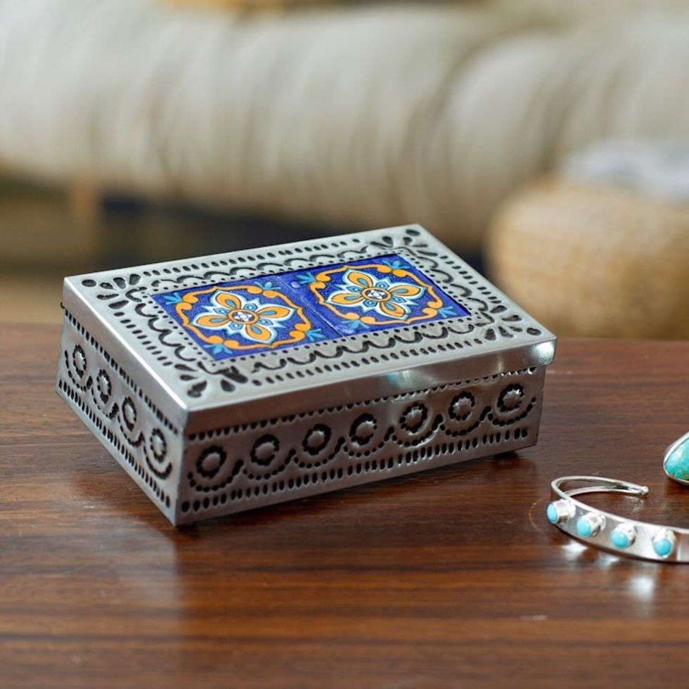 Repousse Tin and Ceramic Jewelry Box with Talavera Tiles 'Flourishing Blue'