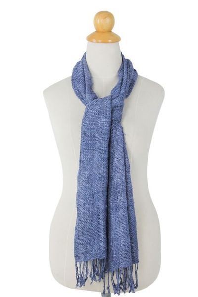 Alternate image for Medium Blue Woven All-Silk Scarf Handmade by Thai Artisan Essential Blue