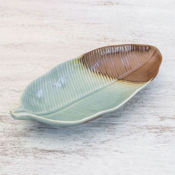 Alternate image for Leaf-Shaped Celadon Ceramic Platter from Thailand Nature Present