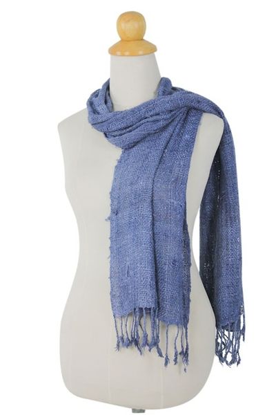 Alternate image for Medium Blue Woven All-Silk Scarf Handmade by Thai Artisan Essential Blue