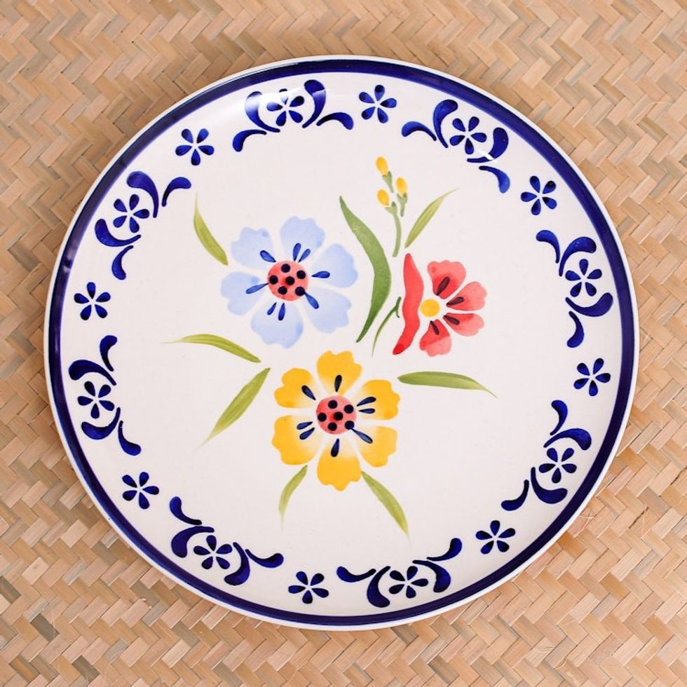 Artisan Crafted Floral Ceramic Plate 'Primrose Path in Blue'