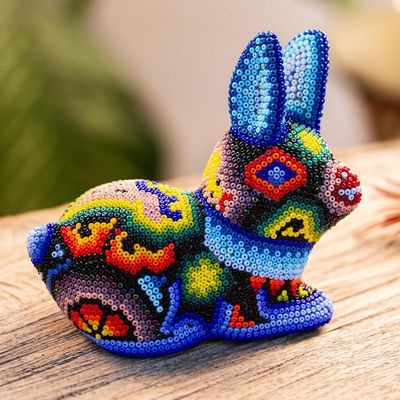 Alternate image for Hand Beaded Huichol Rabbit Sculpture Blue Bunny