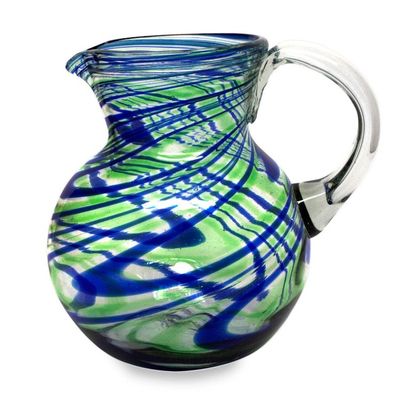 Alternate image for Blue and Green Swirls Hand Blown Glass Pitcher 84 oz Elegant Energy