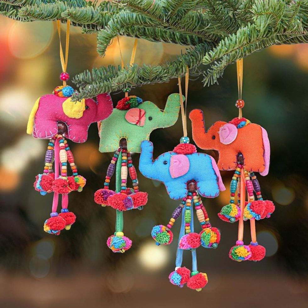 Handcrafted Cotton Blend Elephant Ornaments Set of 4 'Colorful Parade'