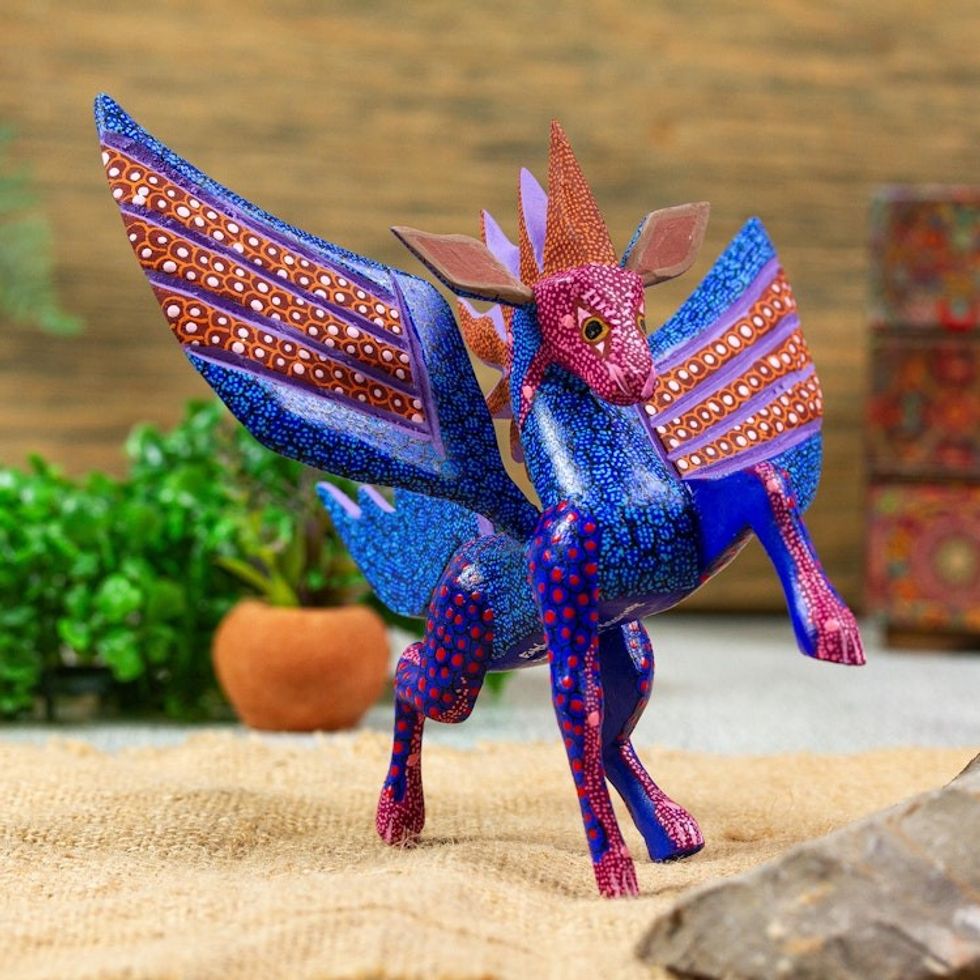 Blue and Red Copal Wood Pegasus Alebrije from Oaxaca 'Wind Glider'